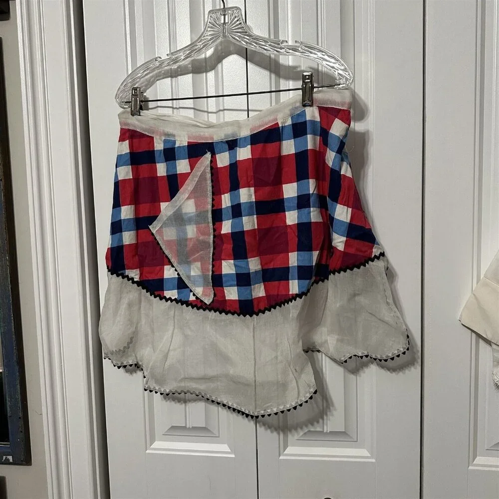 Vintage Apron Plaid Red Blue Buffalo Sheer Ruffle Trim